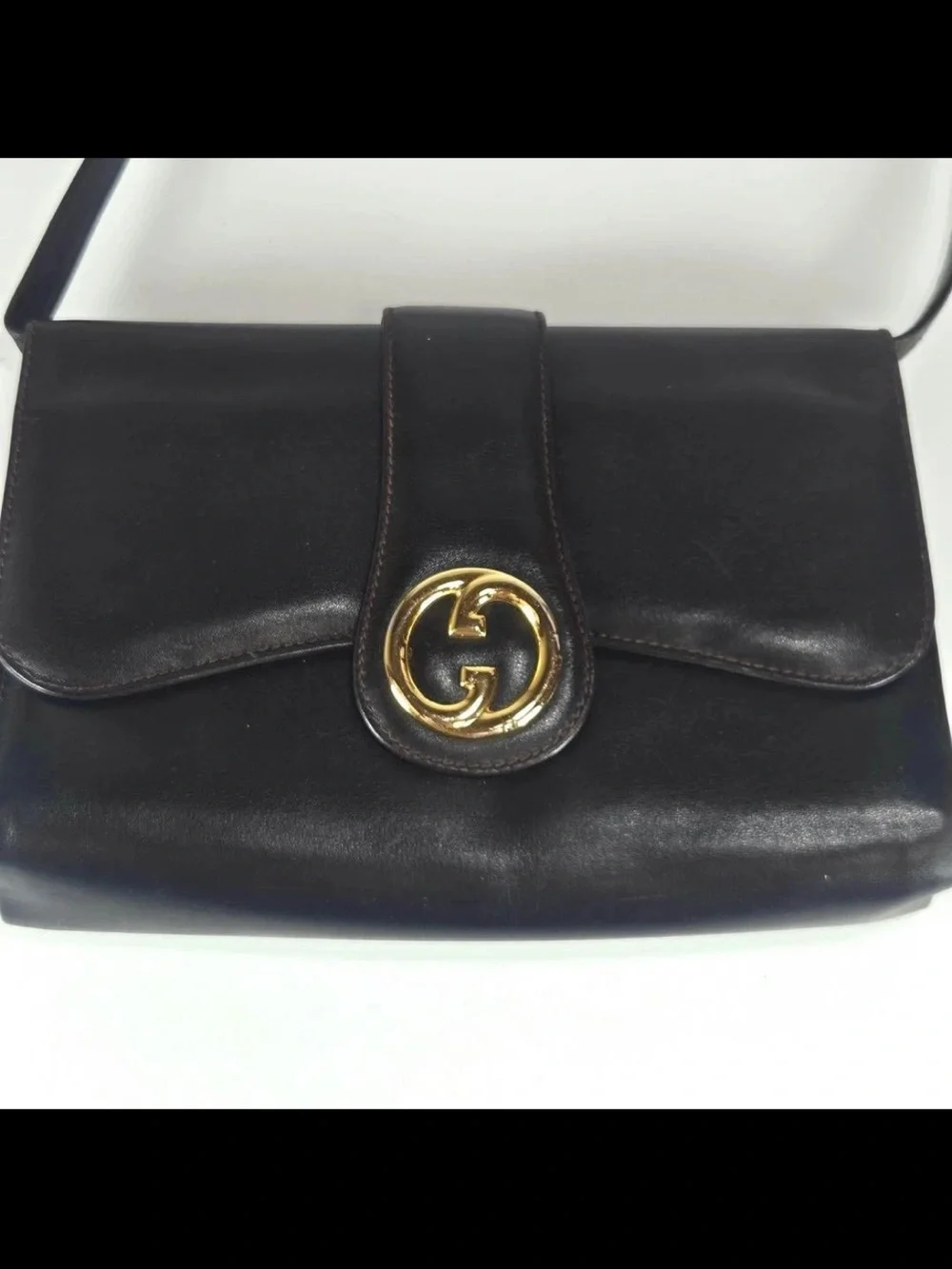 Gucci Black Leather Shoulder Bag with Gold Double G Accent